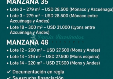 Vendo lotes  en Ostende Mons y Andes 
